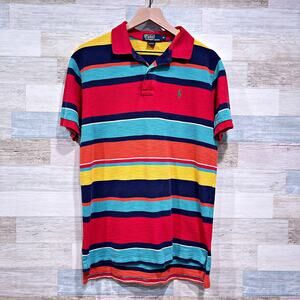 POLO Ralph Lauren Vintage Striped Polo Shirt Multicolor Slub Cotton Mens Medium
